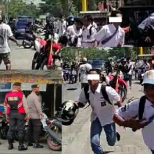 Puluhan pelajar terlibat tawuran di depan sebuah pertokoan di Lombok Tengah