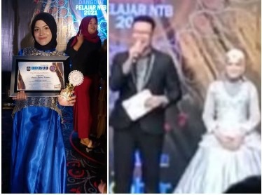 Siswi MAN 1 Lotim Anisa Rahma Kusuma saat menerima penghargaan atas juara yang diraih di Liga Dangdut Pelajar 2021